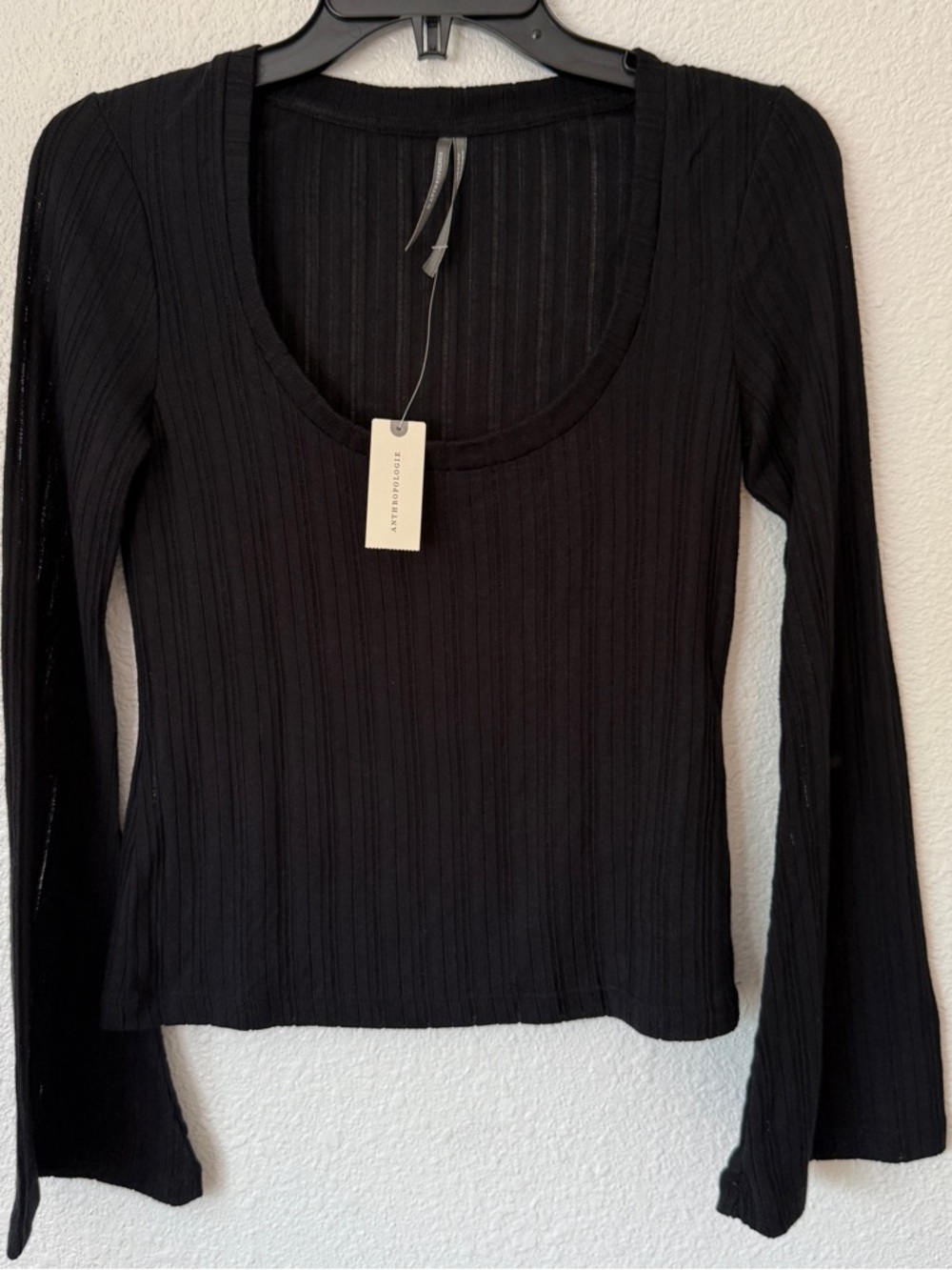 NWT) Anthropologie Black Ribbed Scoop-Neck Long Flare Sleeve Tee